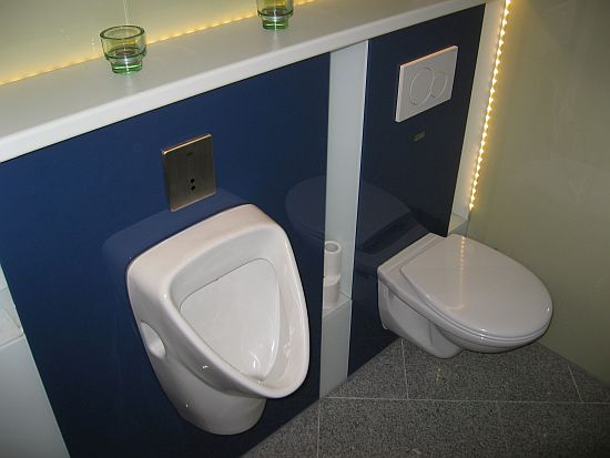 Gäste WC mit blauem Wandspiegel